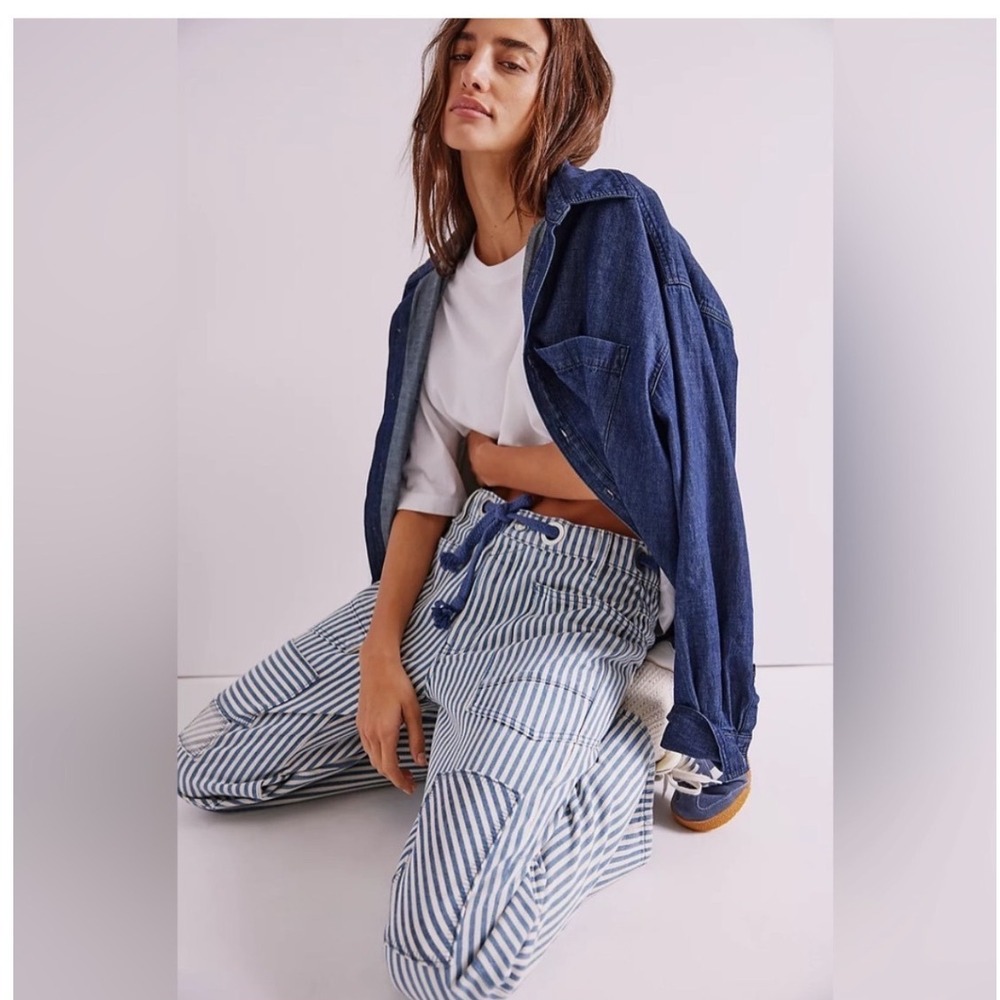 Free People We The Free Barrel Pants 29 Stripe Cargo Baggy Patchwork Painter - Picture 4 of 11